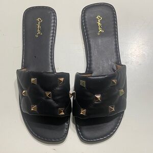Qupid Black Quilted Slide Mules with Gold Studs
